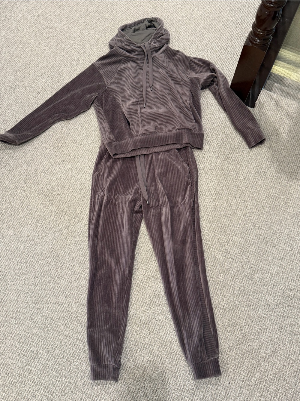 Zella Ribbed Velour Hooded Jumpsuit in Charcoal Brown